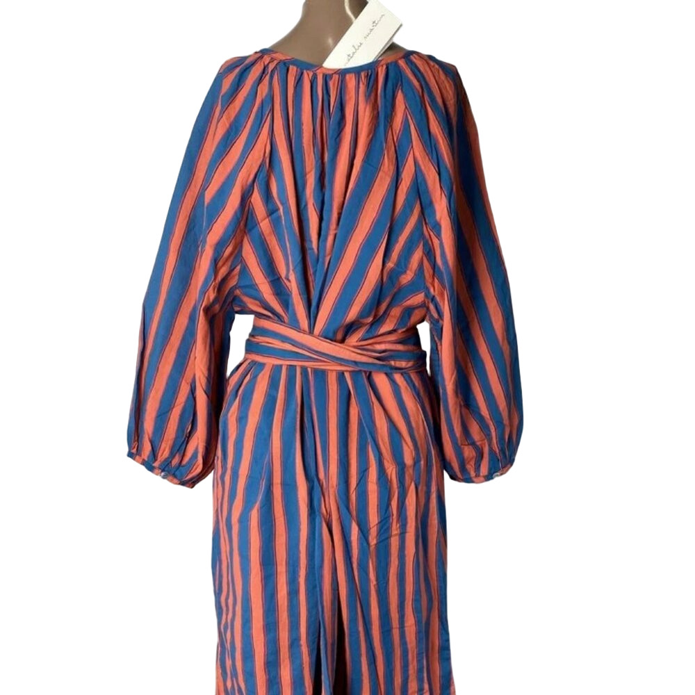 NEW NATALIE MARTIN Women's Shirt Dress Size L Alex Midi with Sash in Orange/Blue